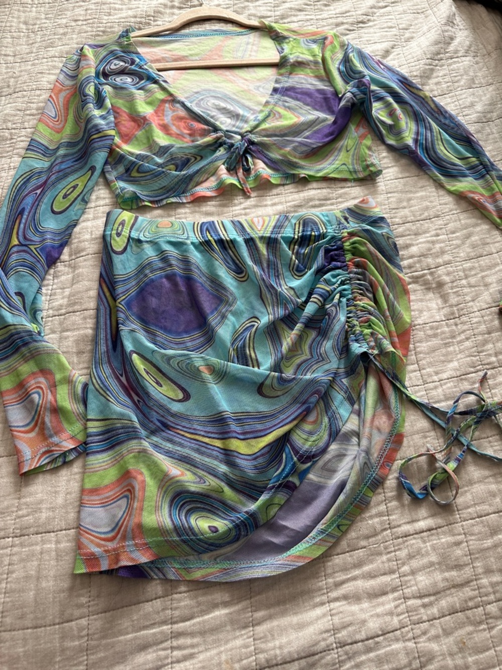 Ruched Tie-Front Mesh Swim Coverup Set in Multicolor Swirl